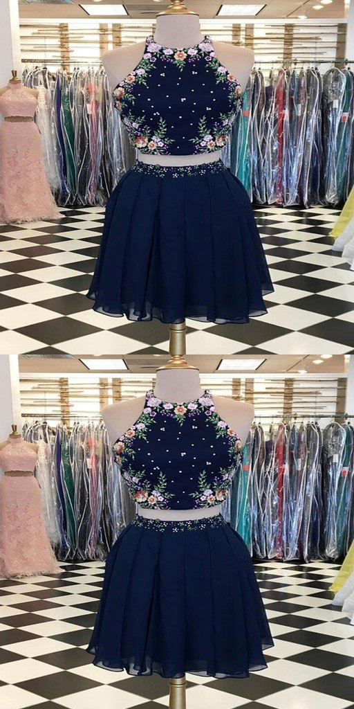 Sexy Two Pieces Navy Blue Short Homecoming Dresses With Halter Neckline,Affordable Homecoming Dresses cg590