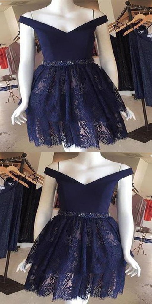 2019 A-Line Dark Navy Off Shoulder Lace Short Homecoming Dresses  cg591