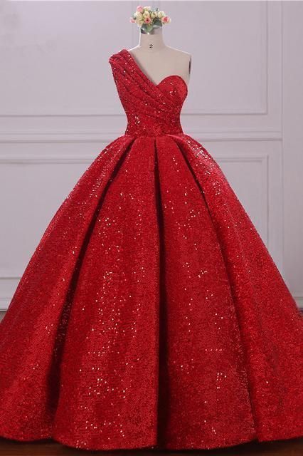 Ball Gown One Shoulder Sequins Red Sweetheart Prom Dresses,Quinceanera Dresses  cg5925