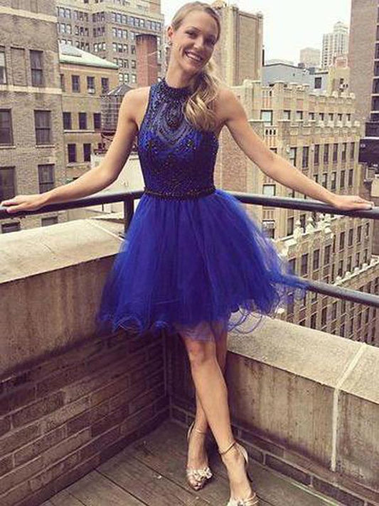 Royal Blue Short Beading Homecoming Dresses With Halter Neckline,Affordable Homecoming Dresses  cg597