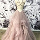 V-Neck Grey Tulle A-line Long Evening Prom Dresses, Cheap Party Custom Prom Dress  cg6021