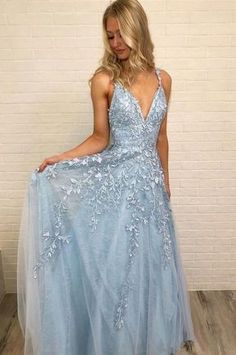 Sexy V neck Appliques Evening Party Dress, Blue Long Prom Dress   cg6024