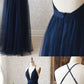 A Line V Neck Navy Blue Backless Prom Dresses, Dark Navy Blue Backless Tulle Evening Formal Dresses  cg606
