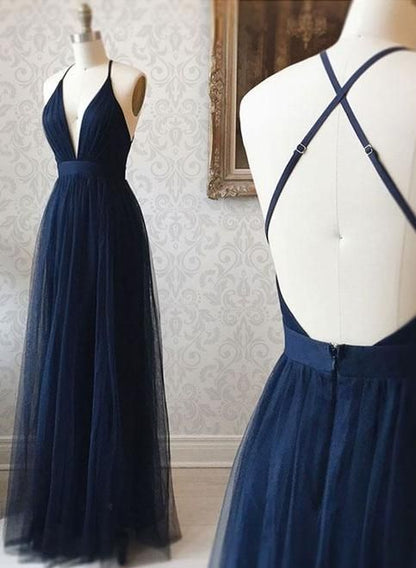 A Line V Neck Navy Blue Backless Prom Dresses, Dark Navy Blue Backless Tulle Evening Formal Dresses  cg606