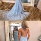 Sexy Mermaid Lace Blue Backless Long Prom Dresses cg611