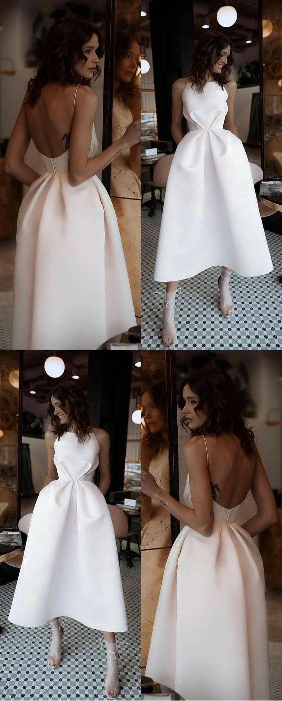 A-Line Spaghetti Straps Backless Tea-Length Prom Dress with Pockets cg627