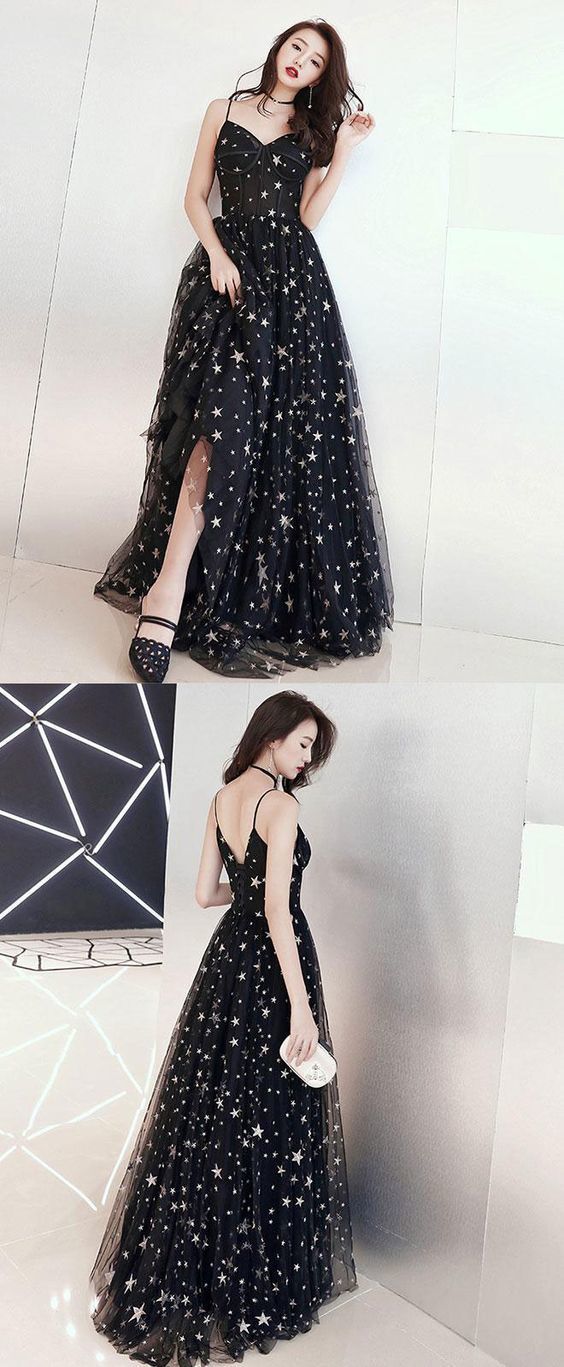 Black v neck tulle long prom dress, black evening dress  cg628