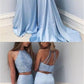 Light Blue Halter Beaded Long Soft Satin Prom Dresses cg632
