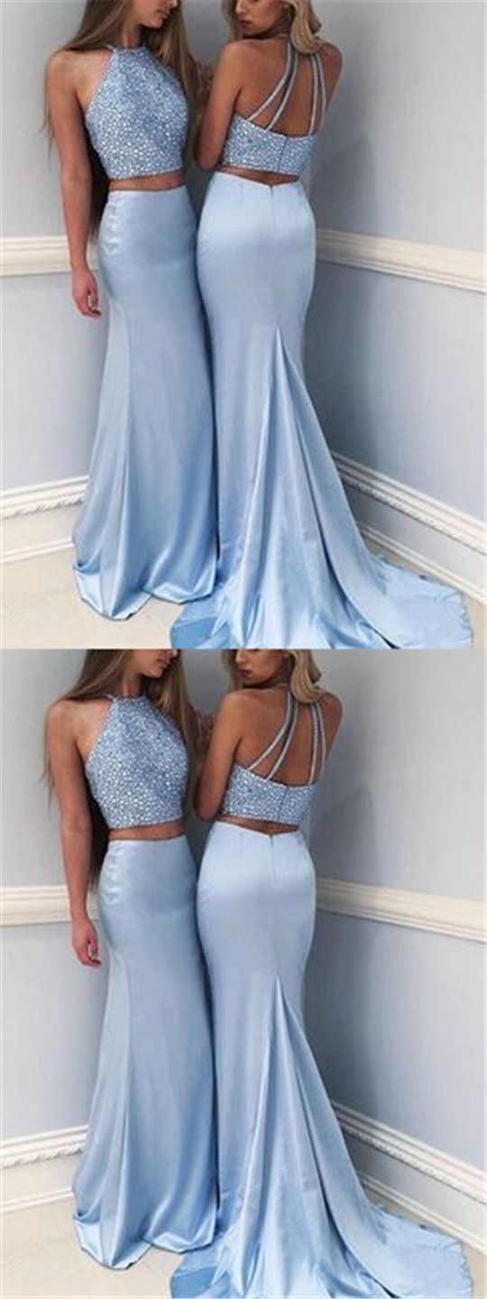 Light Blue Halter Beaded Long Soft Satin Prom Dresses cg632