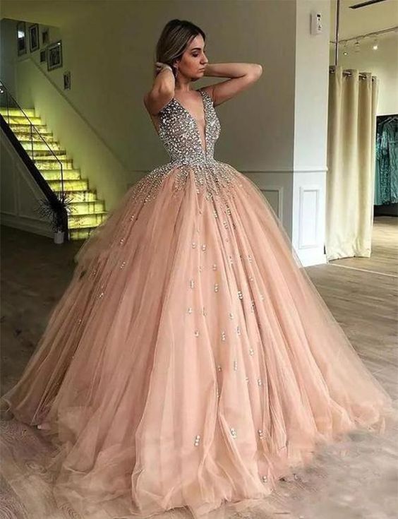 Ball Gown Deep V-Neck Low Cut Champagne Quinceanera Dress with Beading , sparkly prom dress  cg635