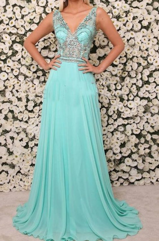 Blue Prom Dresses, V Neck Evening Dresses  cg6387