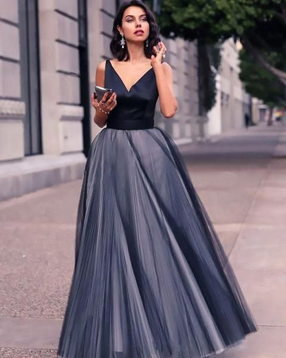 Modest Black Prom Dress,V Neck Tulle Prom Dress,Custom Made Evening Dress cg640