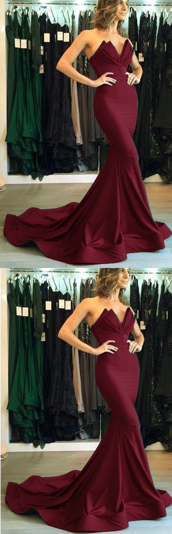 Elegant Strapless Burgundy Prom Dresses Mermaid Evening Dresses Long Women Satin Formal Gowns  cg6456