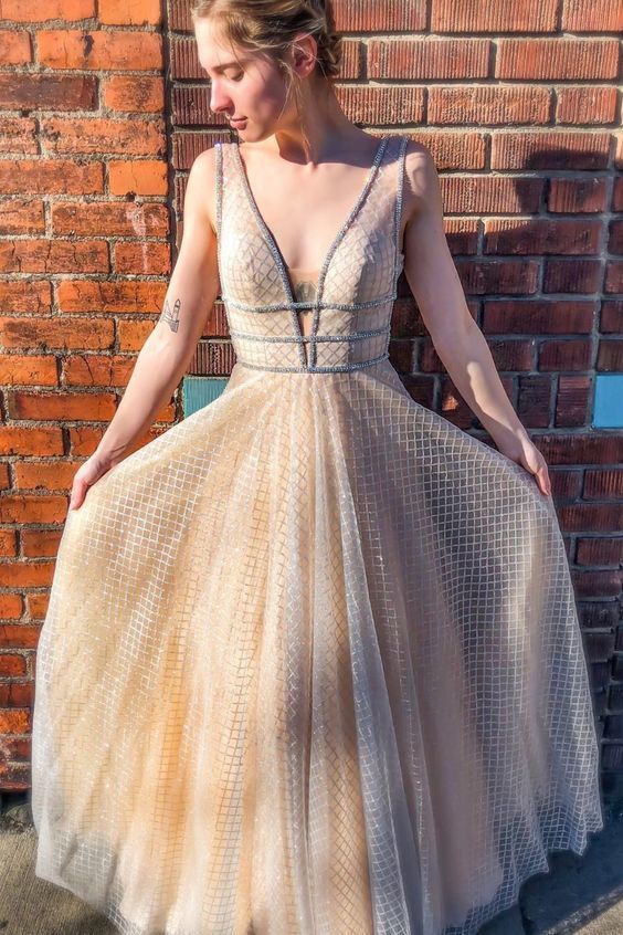 A-line Champagne Sequins Long Formal prom Dress  cg6460