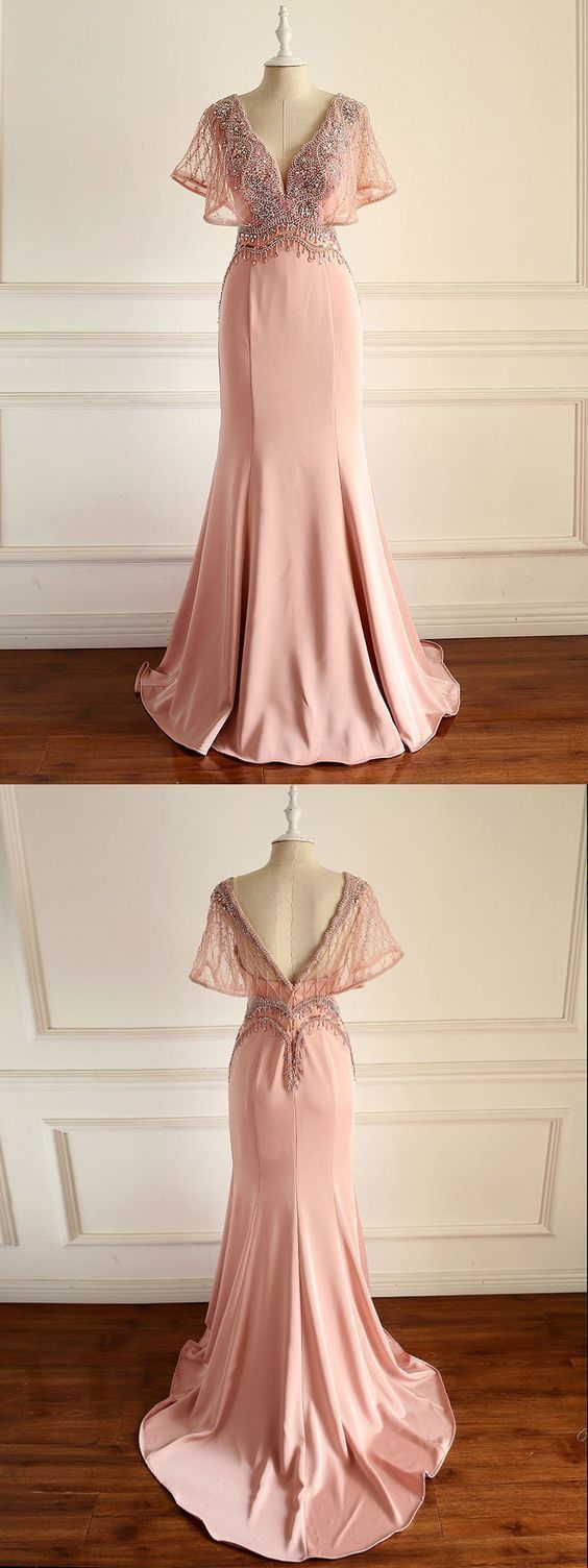 Chic V neck Mermaid Long Prom Dress Pink Beaded Party Dress   cg6467