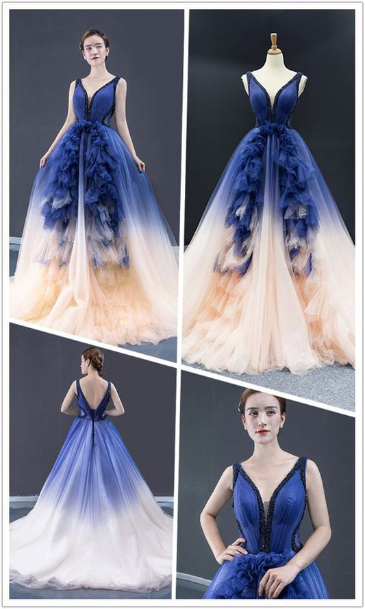 V-neck A-line Prom Dresses With Ruffles Tulle Beaded Evening Gowns  cg6560