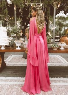 Sexy Deep V Collar Long-Sleeved Long Expansion Vacation Dress,Backless Evening Dress,Chiffon Prom Dress  cg6580