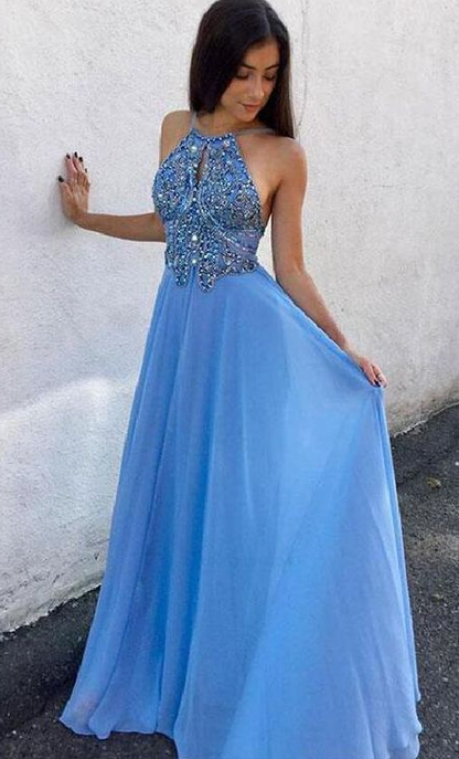 A-Line Round Neck Keyhole Blue Chiffon Prom Dress with Beading cg672