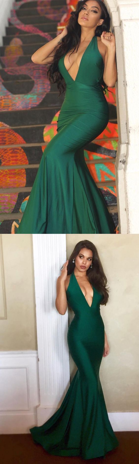 Sexy Deep V Neck Hunter Green Mermaid Long Prom Dress Evening Dress  cg6722