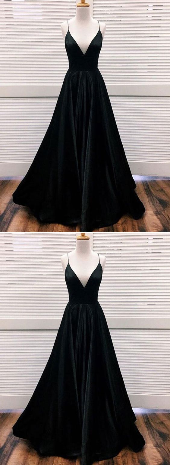 Black v neck satin long prom dress, black evening dress  cg676