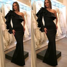 Black One Shoulder Sexy Mermaid Satin Long Prom Dresses  cg6765