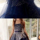 Strapless Navy Blue Starry Night Asymmetry Prom Dresses With Beading  cg679
