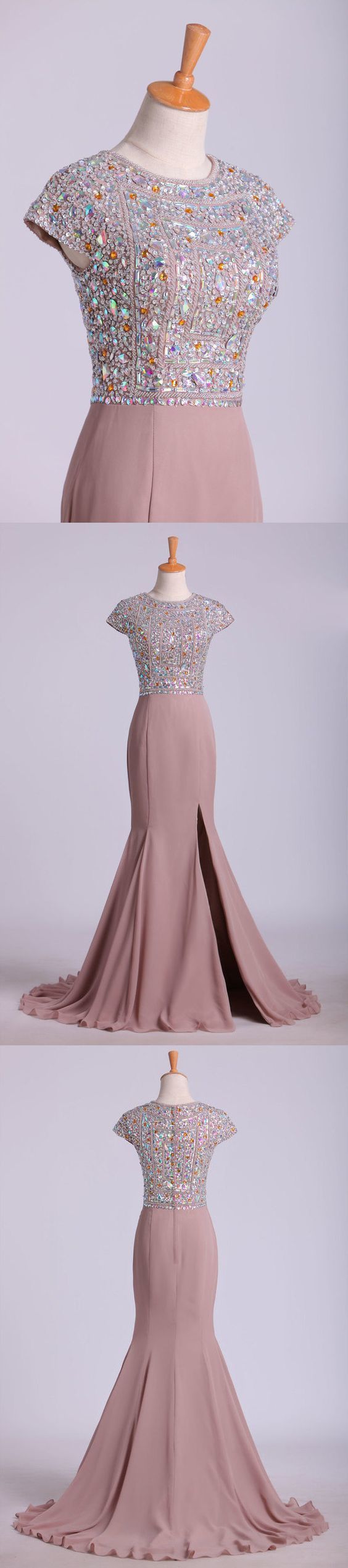 Scoop Prom Dresses Beaded Bodice Chiffon Trumpet Sweep Train  cg6867