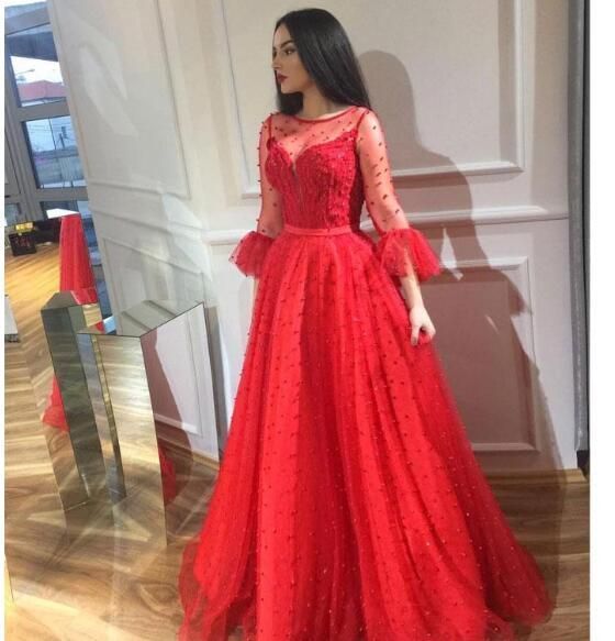Chic Red Beaded Prom Dresses Long Sleeves Sheer Bateau Neck Evening Gowns Floor Length   cg6896