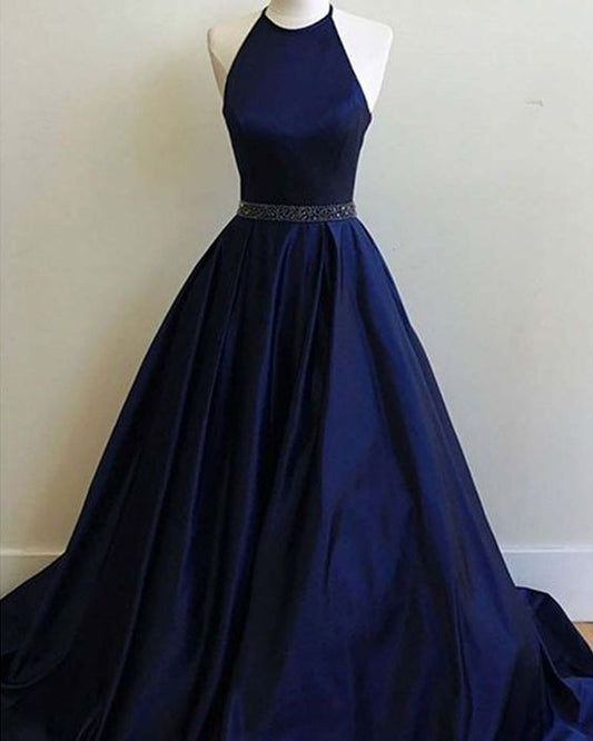 halter navy blue satin prom dress with belt, long simple formal dress cg690