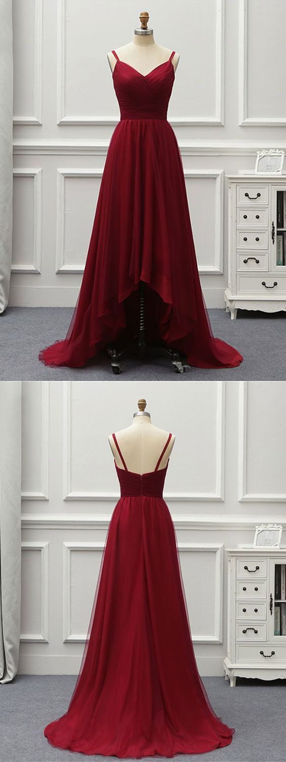 A Line High Low Backless Burgundy Tulle Long Prom Dresses   cg6928