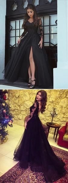 Long Sleeves Sexy Split Black Cheap Long Evening Prom Dresses cg694