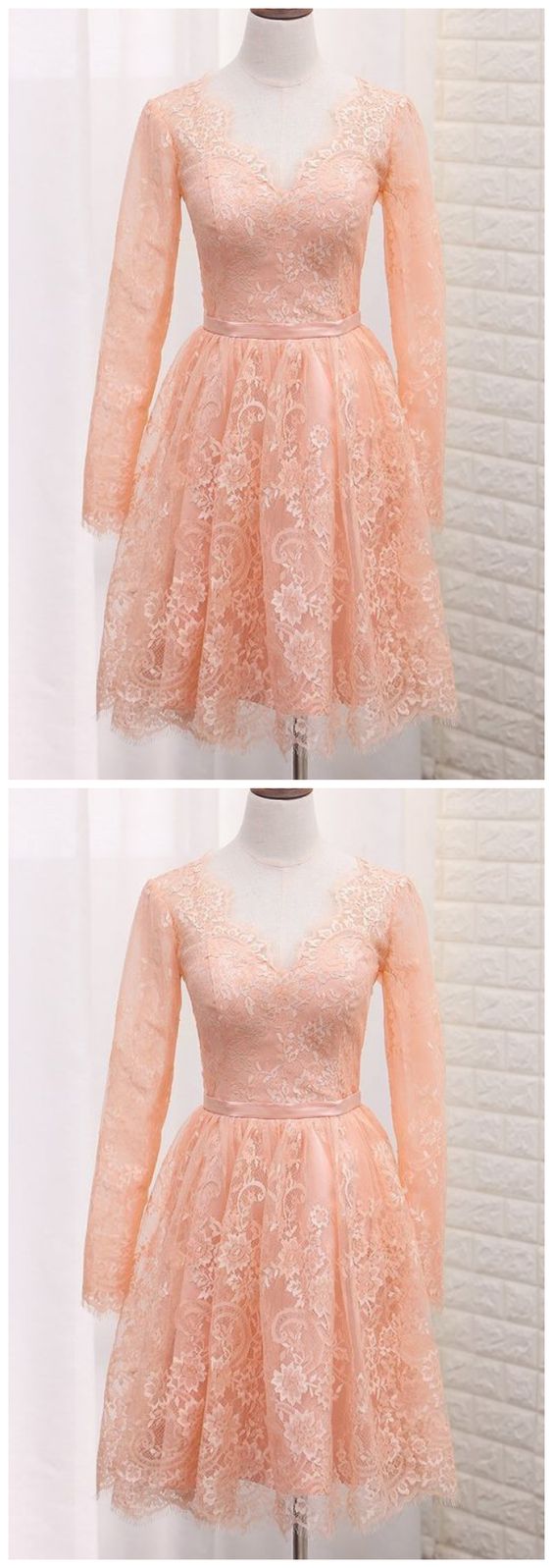 A Line V Neck Long Sleeves Lace Homecoming Dresses With Sash  cg6952