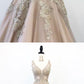 Champagne Tulle V Neck Lace Halter Senior Prom Dress, Formal Dress  cg7031
