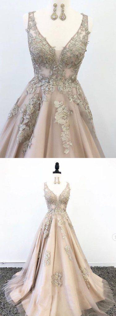 Champagne Tulle V Neck Lace Halter Senior Prom Dress, Formal Dress  cg7031