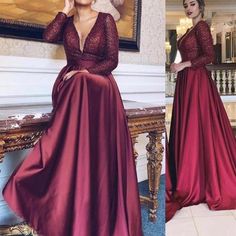 Burgundy prom dresses deep v neck sequins long sleeve evening dresses   cg7064