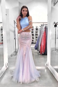 Mermaid Two Piece Beading Sky Blue Long Prom/Evening Dress   cg7072