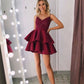 Burgundy v neck lace satin short dress, homecoming dress cg711