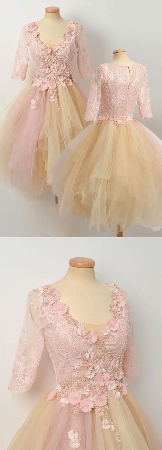 champagne lace tulle prom dress, cute dress  cg7113