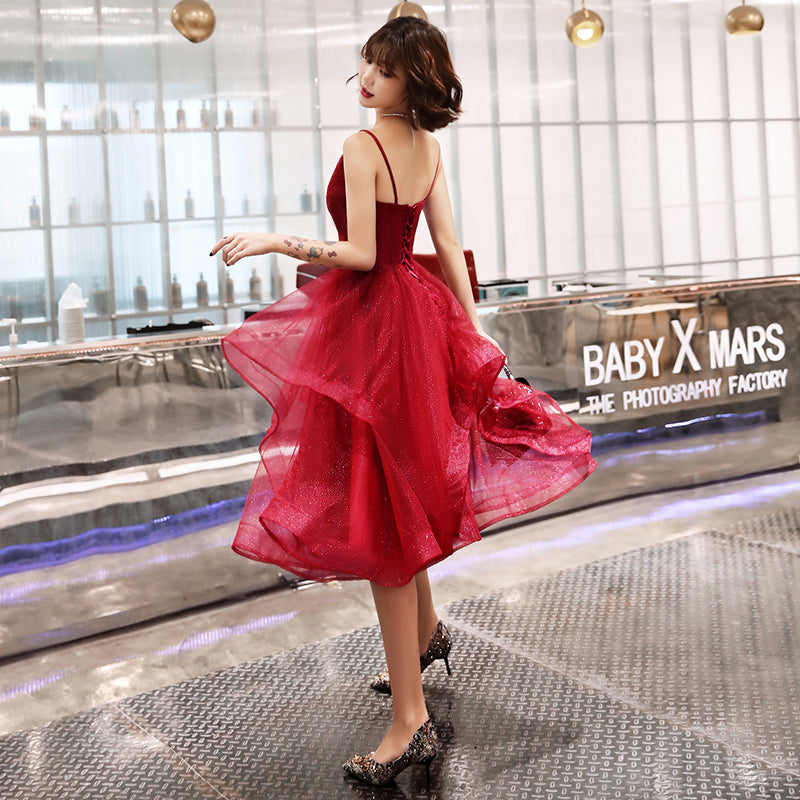 BURGUNDY V NECK TULLE SHORT homecoming DRESS, HOMECOMING DRESS cg712