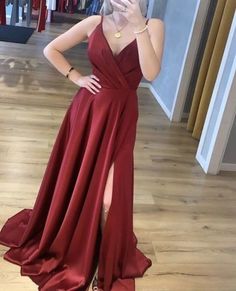 Charming V neck Burgundy Prom Dresses, Side Slit Evening Party Dress  cg7123