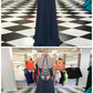 A-Line V-Neck Sweep Train Navy Blue Chiffon Prom Dress  cg7128