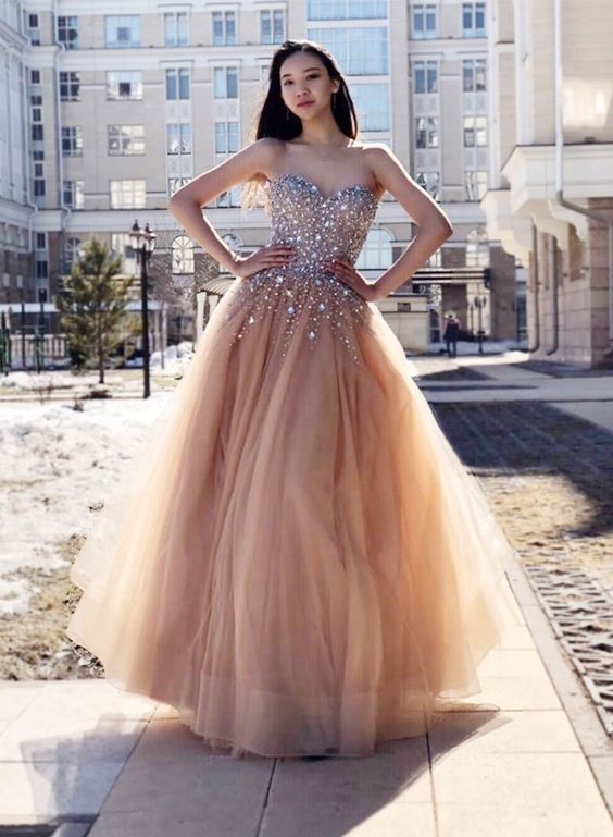 Stylish sweetheart neck tulle beads long prom dress, evening dress cg716