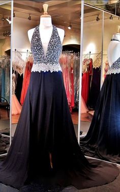 Halter Black Chiffon Beading Court Train Open Back Long Prom Dress  cg7176
