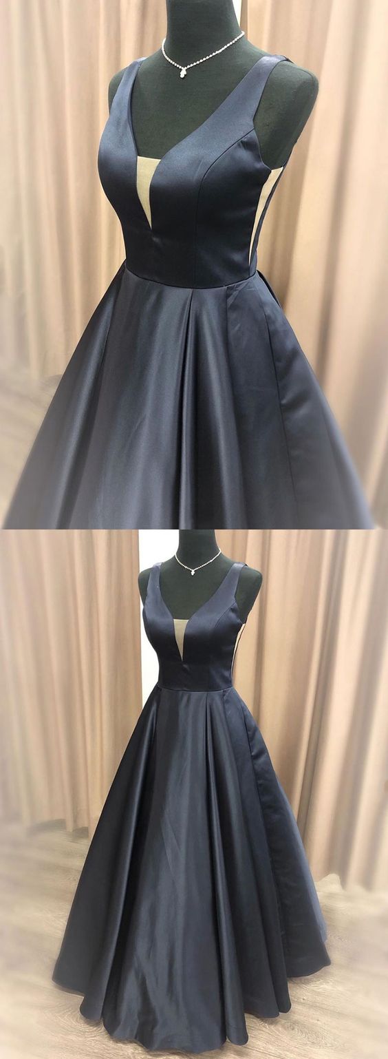 Simple black v neck satin long prom dress, black evening dress cg718