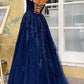 Charming Navy Blue V Neck Lace Tulle Prom Dress,Spaghetti Straps A Line Evening Dress,Formal Dress  cg7237