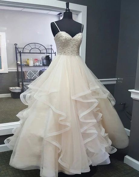 Sweetheart Creamy Tulle Spaghetti Straps Long A Line Prom Dress, Ball Gown   cg7306