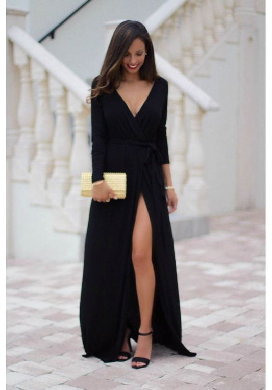 Custom Made Black Prom Dress,Long Sleeves Evening Dress, Deep V-Neck Party Gown,Side Slit Prom Dress cg735