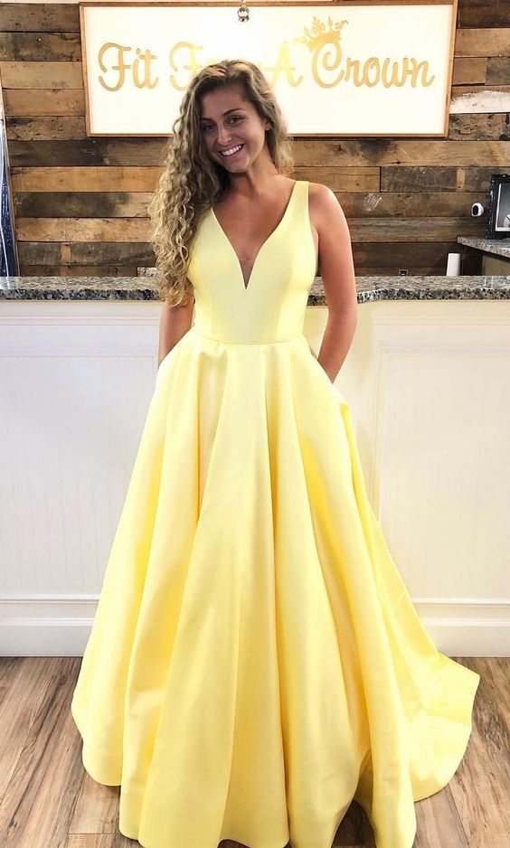 Yellow V-Neck Long Prom Dresses with Pockets,Graduation Dress,Satin Evening Ball Gowns for Women cg738