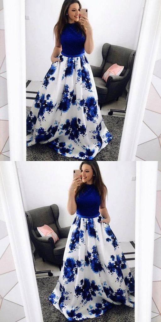 A-Line Jewel Blue Floral Long Prom Dress with Pockets Lace cg740