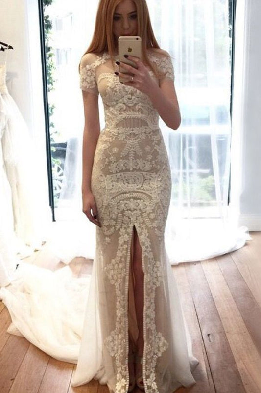 Mermaid Crew Short Sleeves Court Train White Prom Dress with Appliques Split  cg7427